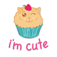 kawaii sweet muffin cat with raspberry isolated, cute cartoon funny character, editable vector illustration
