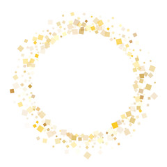 Carnival gold square confetti sparkles flying on white. Luxurious Christmas vector sequins background. Gold foil confetti party glitter pattern. Square pieces surprise backdrop.