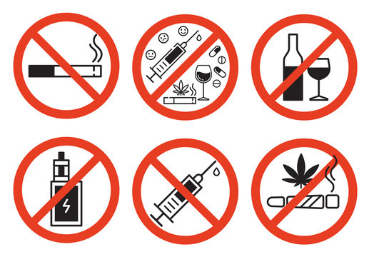 Forbidding vector signs. No smoking, no drugs, no vaping and no alcohol. Isolated illustration on white background.
