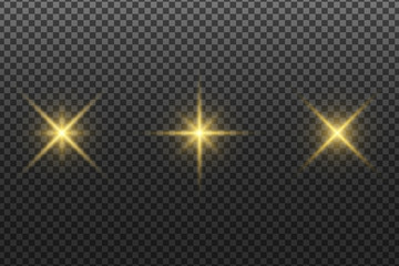Set of abstract glowing stars isolated on a transparent dark background. Golden glare. Christmas elements. Light effect. Vector illustration