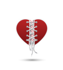 Red heart with shoelance. 3d effect. Vector illustration. Valentine's card.