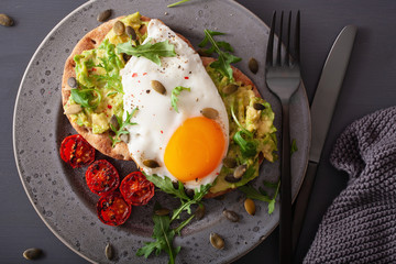breakfast avocado sandwich with fried egg and tomato