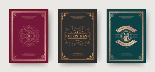 Christmas greeting cards vintage typographic design, ornate decorations symbols with gift box, winter holidays wishes