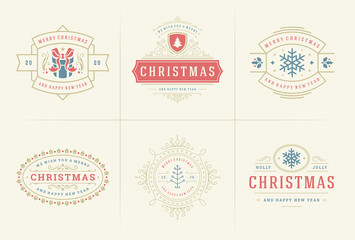 Christmas vector ornate labels and badges set, happy new year and winter holidays wishes typography for greeting cards