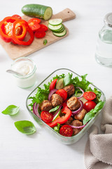 keto paleo lunch box with meatballs, lettuce, tomato, cucumber, bell pepper