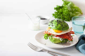 keto paleo diet avocado breakfast burger with bacon, egg, tomato