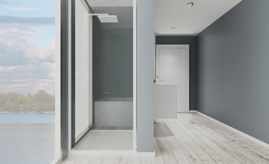 Bathroom with blue walls. Large whirlpool with glass shower. Panormannoe window with a view of the city. 3D rendering