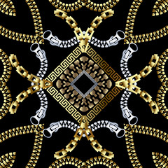 Zippers textured ornamental 3d greek vector seamless pattern. Abstract modern geometric background. Surface gold silver fasteners ornament with greek key meanders rhombus frames. Symmetrical design.