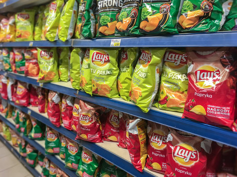 Nowy Sacz, Poland - March 16, 2017:  Different types of Lay's Chips produced by American Corporation - Frito Lay and offered for sale in E.leclerc Supermarket.