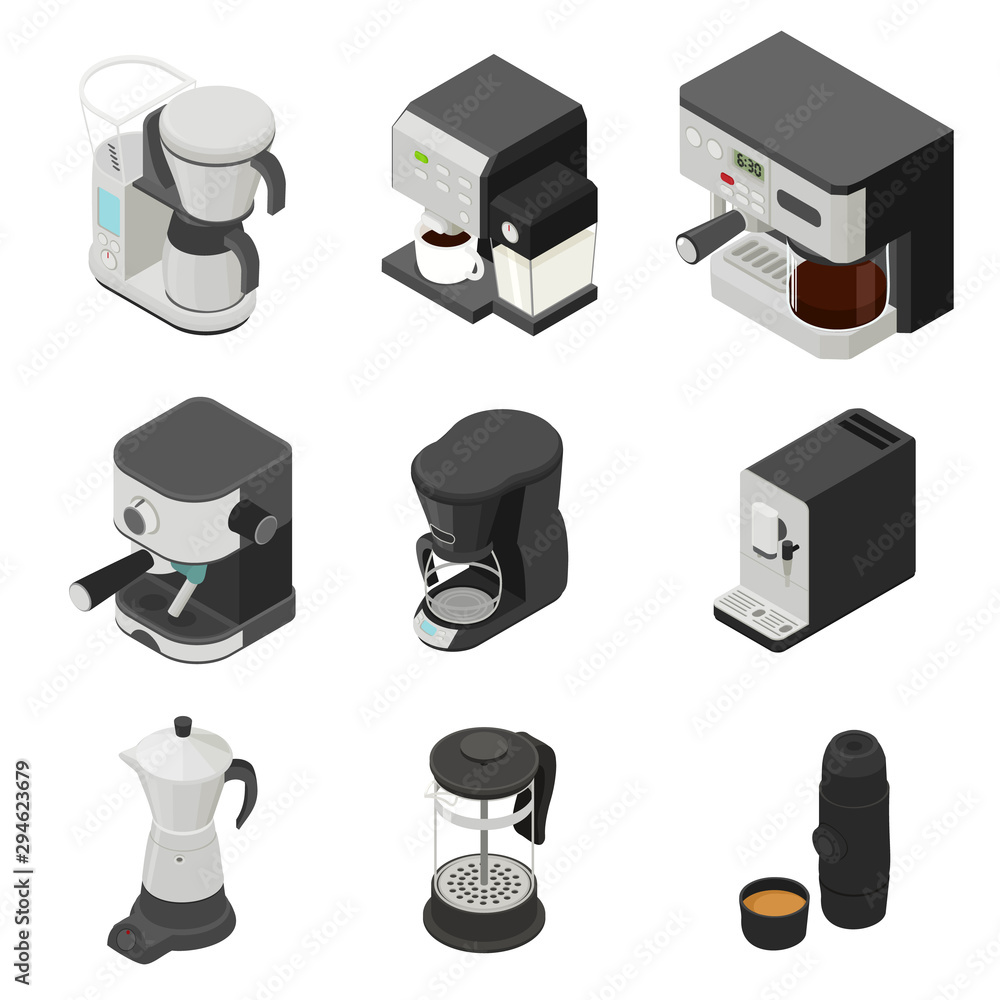 Poster coffee maker icons set. isometric set of coffee maker vector icons for web design isolated on white 