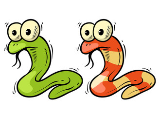 Cartoon graphic colorful hand drawn funny little snake with big eyes. Isolated on white background. Vector icon.