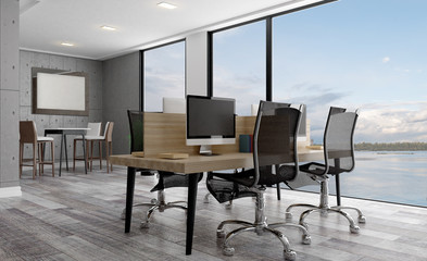 Large spacious office with concrete walls. Open space. Blank paintings.  Mockup. 3D rendering