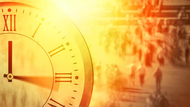 Business  concept or time concept. Timelapse of people walking overlay with time clock.