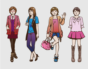 Girls, Ladies. Various Fashion. Vector Illustration.