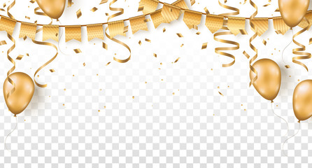 Garlands, confetti 3d illustration. Holiday celebration realistic golden ribbons and balloons isolated on transparent background. Shiny flags on rope. Festive event decoration with glowing elements © kotoffei