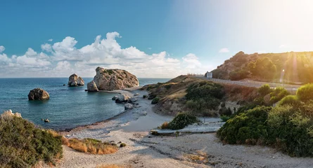 Gordijnen Panoramic shot of the coast of Aphrodite's birthplace near Paphos city, Cyprus. A popular holiday destination. Tourism, vacation, traveling concept. © nazarovsergey