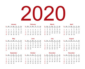 Calendar template for 2020 year. Week starts from Sunday. Isolated vector illustration on white background.
