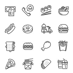 Fast food and drinks vector linear icons set
