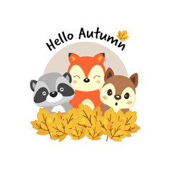 Hello autumn with cute fox, raccoon, squirrel and leaves.