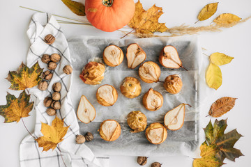 baked apples and pears, autumn food, pumpkin
