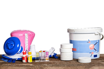 Equipment with chemical cleaning products and tools for the maintenance of the swimming pool on a...