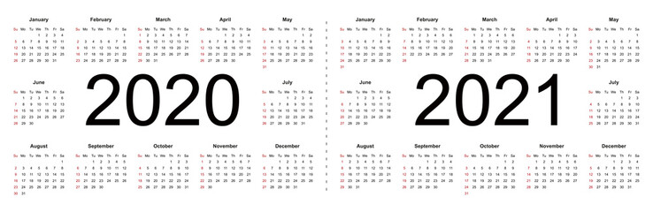 Simple calendar Layout for 2020 and 2021 years. Week starts from Sunday. Isolated vector illustration on white background.