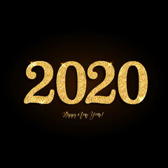 Happy New Year 2020 Greeting Card with Gold on Black Background. Vector Illustration. Merry Christmas Flyer or Poster