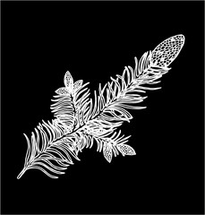 Black and white illustration of a evergreen branch. Bumps on a branch. Chalk on a blackboard.