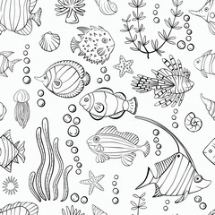 Tropical fishes and underwater plants seamless pattern. Ocean life background. - 294629044
