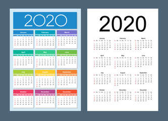 Calendar 2020 year set. Week starts on Sunday. Vertical calendar simple design template. Isolated vector illustration.