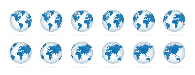 Realistic world globe maps set. 3D blue planets illustration