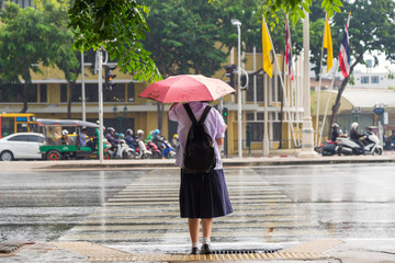 An Asian student girl in unifrom under umbrella waiting for cross road. © tisomboon