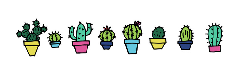 Stickers of 8 cute doodle cactus in pots of bright colors pink, green, blue, cyan, yellow