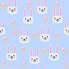 gray heads of cute rabbits and pink cakes on a blue background. seamless background for baby items in flat style
