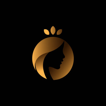 simple negative space illustration or logo of a Beauty long hair woman or girl silhouette wearing natural leaves crown in elegant gold color black background .vector