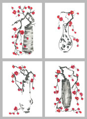 Set of sakura blossom branches. Pink and red stylized flowers of plum mei and  wild cherry . Watercolor and ink illustration of tree in traditional oriental style. Drawing of bouquet in a vase