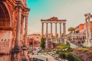 ruins the Temple of Saturn at the western end of the Roman Forum. Rome, Italy © Chernobrovin