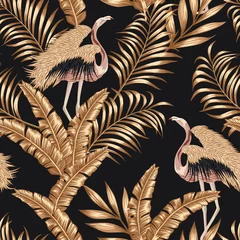 Gordijnen Gouden vogel flamingo gpld verlaat naadloze zwarte achtergrond © berry2046