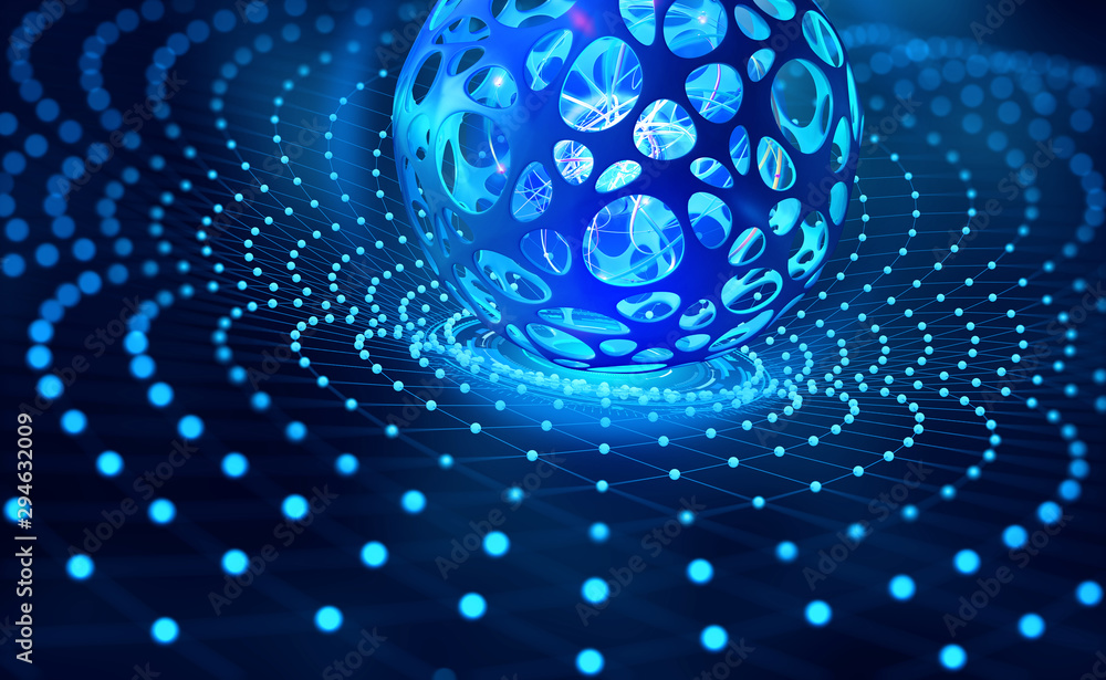 Poster Global digital network. Blockchain technology. Artificial intelligence and processor of future. Quantum CPU and Neural Network 3D Illustration