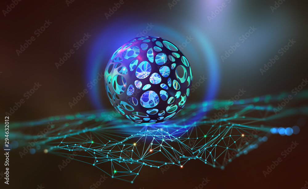 Poster Global digital network. Blockchain technology. Artificial intelligence and processor of future. Quantum CPU and Neural Network 3D Illustration