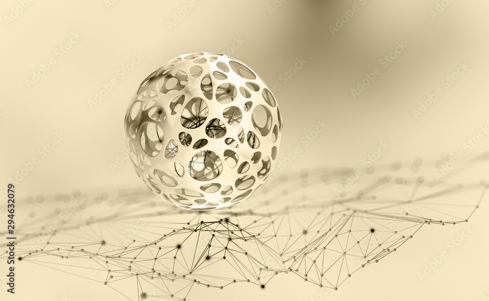 Poster Neural digital networks. Abstract nanostructure. Blockchain technology. Artificial intelligence and processor of future. Quantum CPU 3D illustration