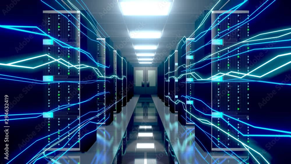 Poster 3d 4k server room - data center - storage/ hosting/ fast internet concept
