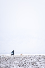 Couple walking outside in snowy weather with their dog
