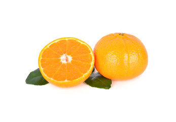 whole and half cut ripe Australia honey murcott mandarin orange with leaves on white background