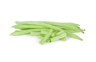 pile of portion cut fresh french beans on white background