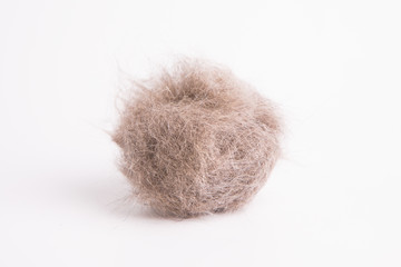 Pet coat. Ball of gray animal hair on a white background.