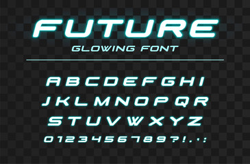 Future glowing font. Fast sport, futuristic, technology alphabet. Neon letters and numbers for high speed, industrial, hi-tech logo design. Modern minimalistic vector abc typeface