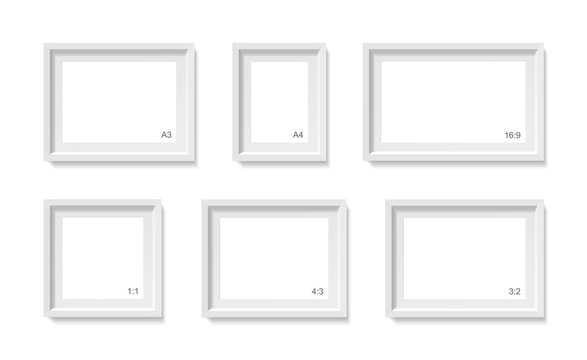 Empty picture frames mockup. Different sizes, formats set (a4, a3, 1:1, 3:2, 4:3 and 16:9) Photo container template. 3d illustration isolated on white wall. Blank space for paper poster. Vector object