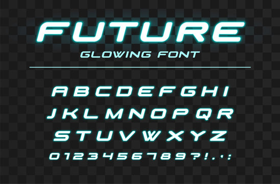Future glowing font. Fast sport, futuristic, technology alphabet. Neon letters and numbers for high speed, industrial, hi-tech logo design. Modern minimalistic vector abc typeface