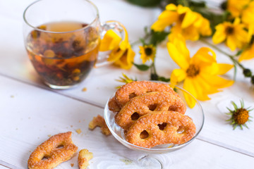 Herbal natural hot tea with different herbs,lemon and honey. Vitamins, healthy lifestyle concept
